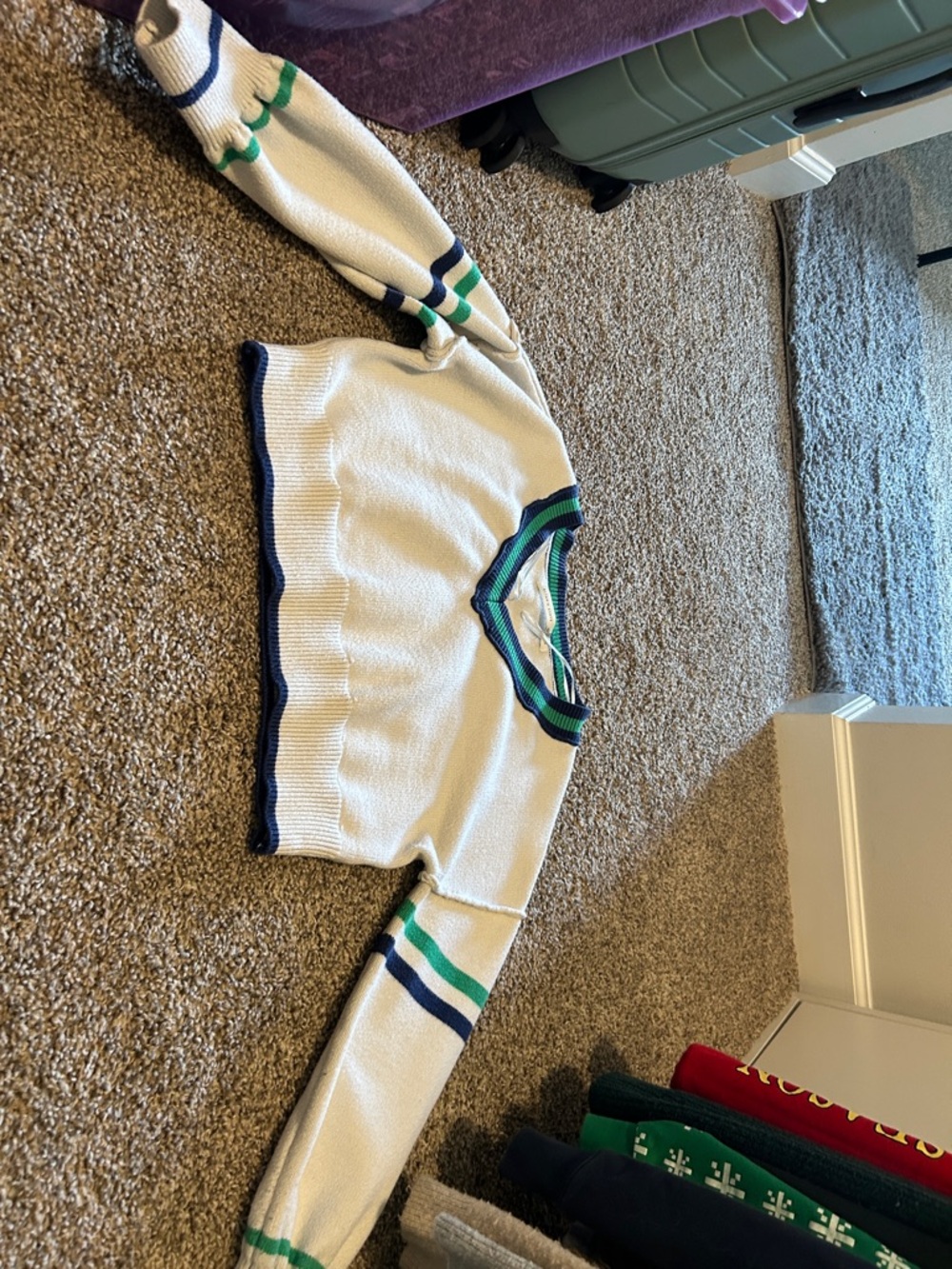 Altar'd State Cream V-Neck Sweater with Navy & Green Stripes